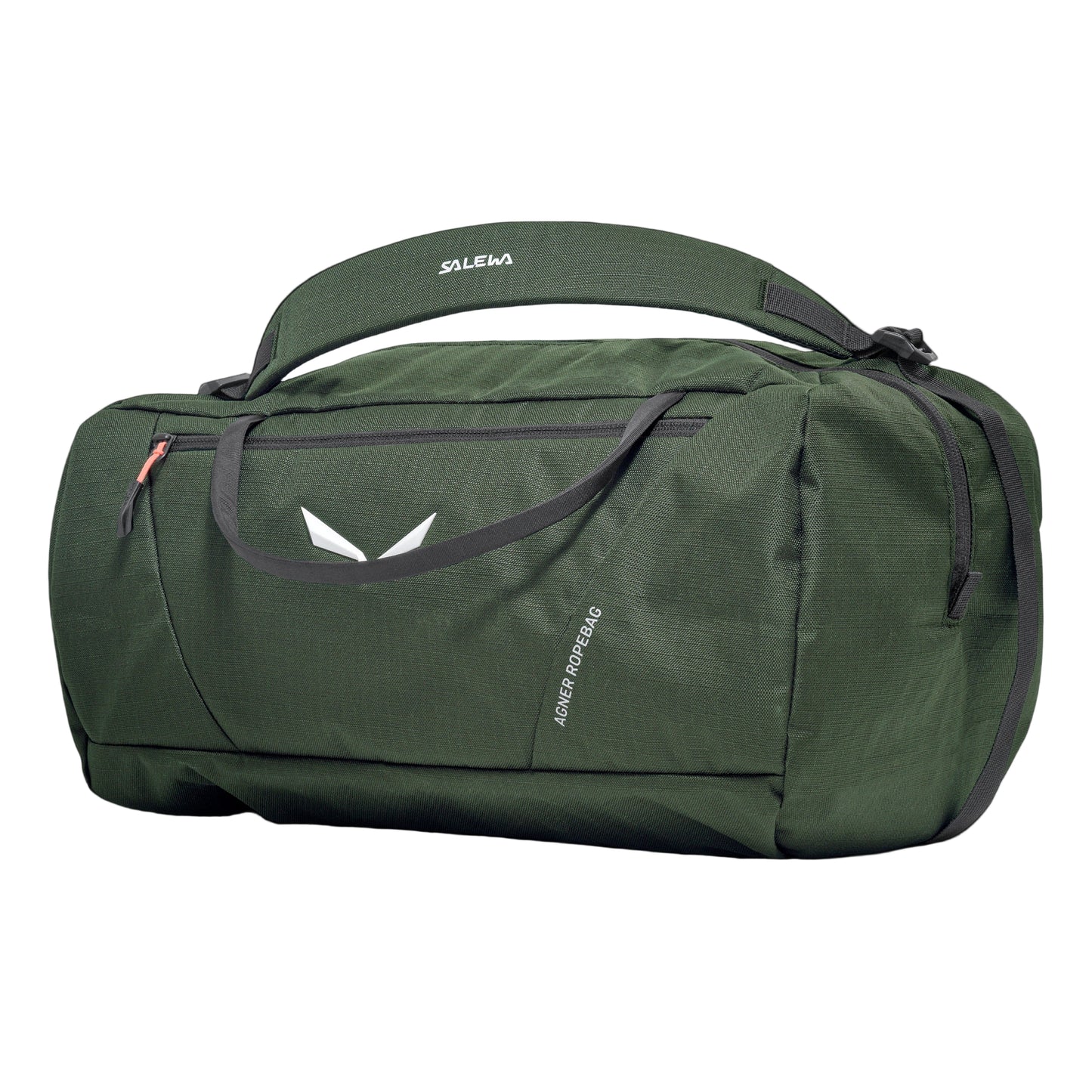 A green Agner Ropebag with black straps and a large external zip side pocket, designed for carrying climbing gear.